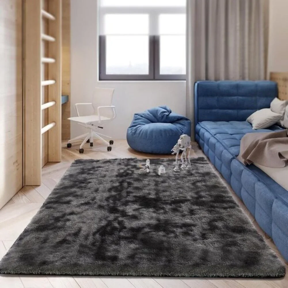 New 5x7 Tie-Dyed Dark Grey Rug, Luxury Fluffy Shag Carpet for Home & Room Decor